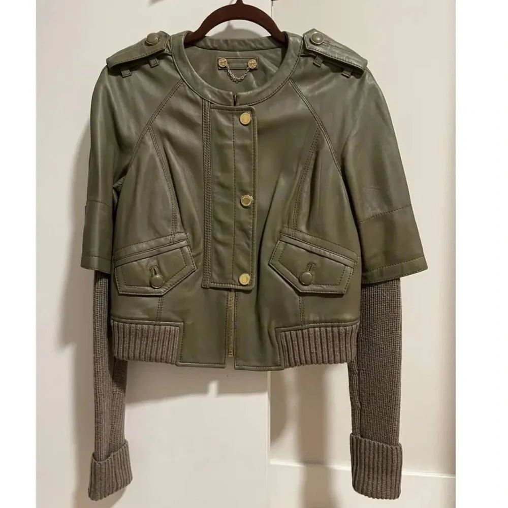 TORY BURCH Green Lambskin & Sweater-Sleeved Biker Jacket Sz XS - Picture 2 of 12